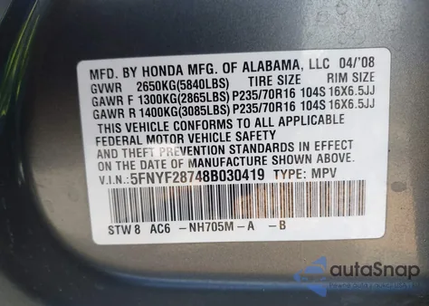 2008 Honda Pilot Ex-L from USA, damaged, VIN 5FNYF28748B030419